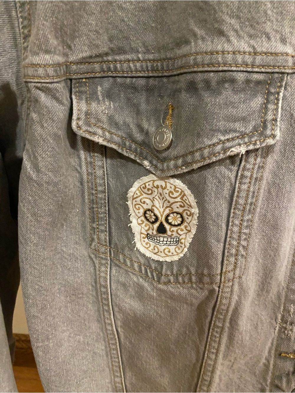Grey Cropped Denim Jacket with Skull Print Back Panel - Picture 3 of 6